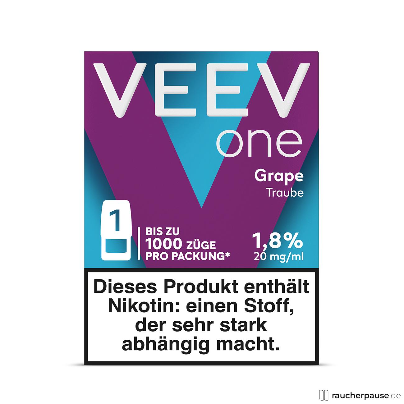 VEEV One Pod Grape, 20 mg/ml Nikotin, Limitierte Edition in blauer und lila Box mit stilisiertem V-Logo und Trauben-Motiv.