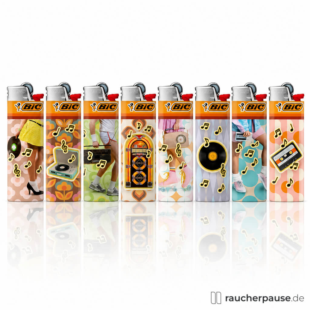 BIC Maxi J26 Feuerzeug Retro 2026 in einer orange-braunen Dose mit weißem Logo und Musikmotiven wie Grammophonen und Plattenspielern.