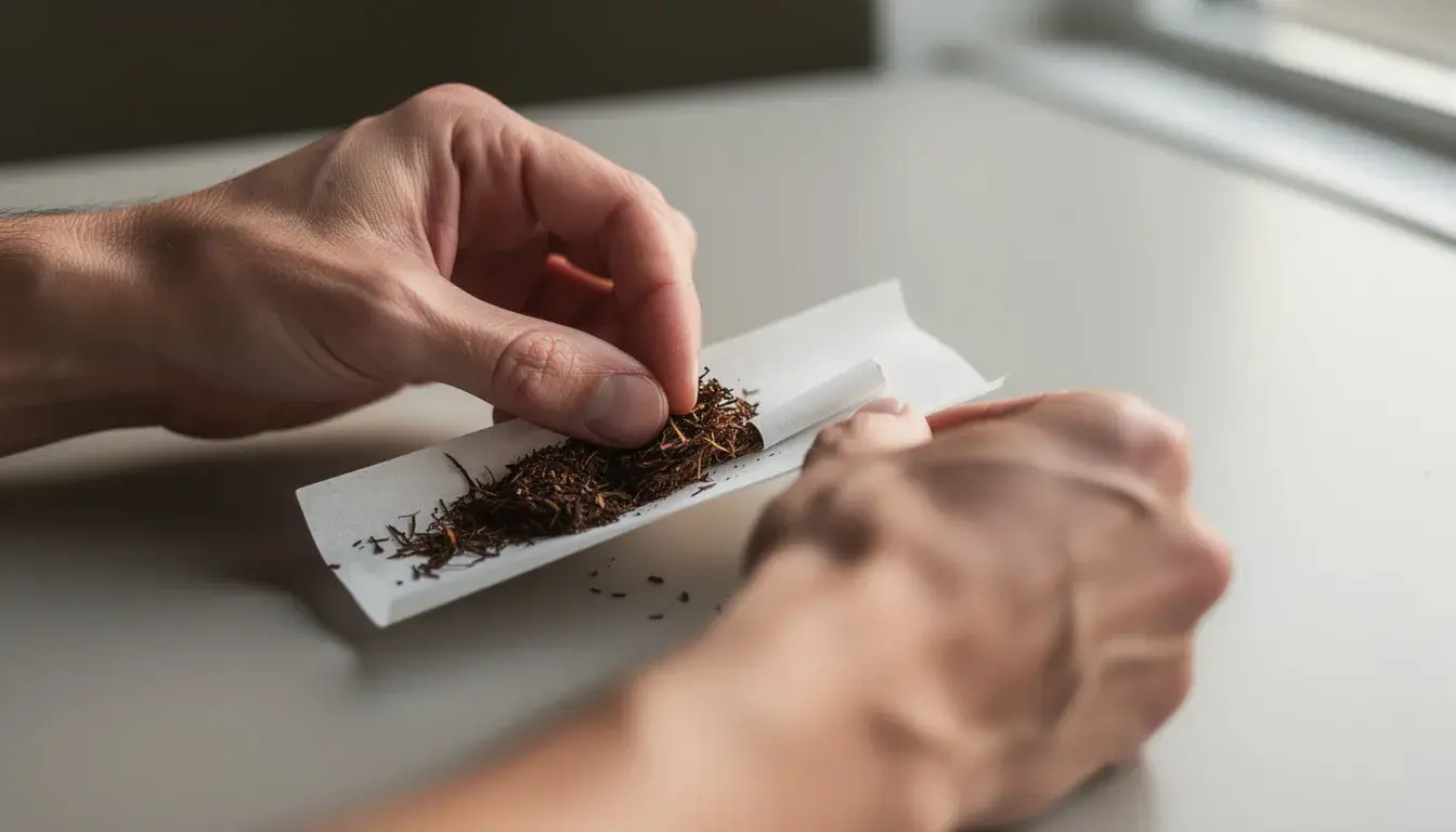 Person dreht sich eine Zigarette und hält dabei ein Paper und einen Tip in der Hand.
