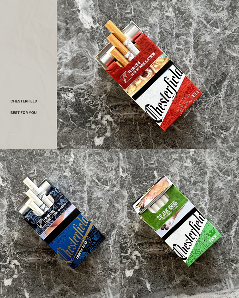 Chesterfield Zigaretten Sorte Blau, Grün und Rot auf Marmorplatte