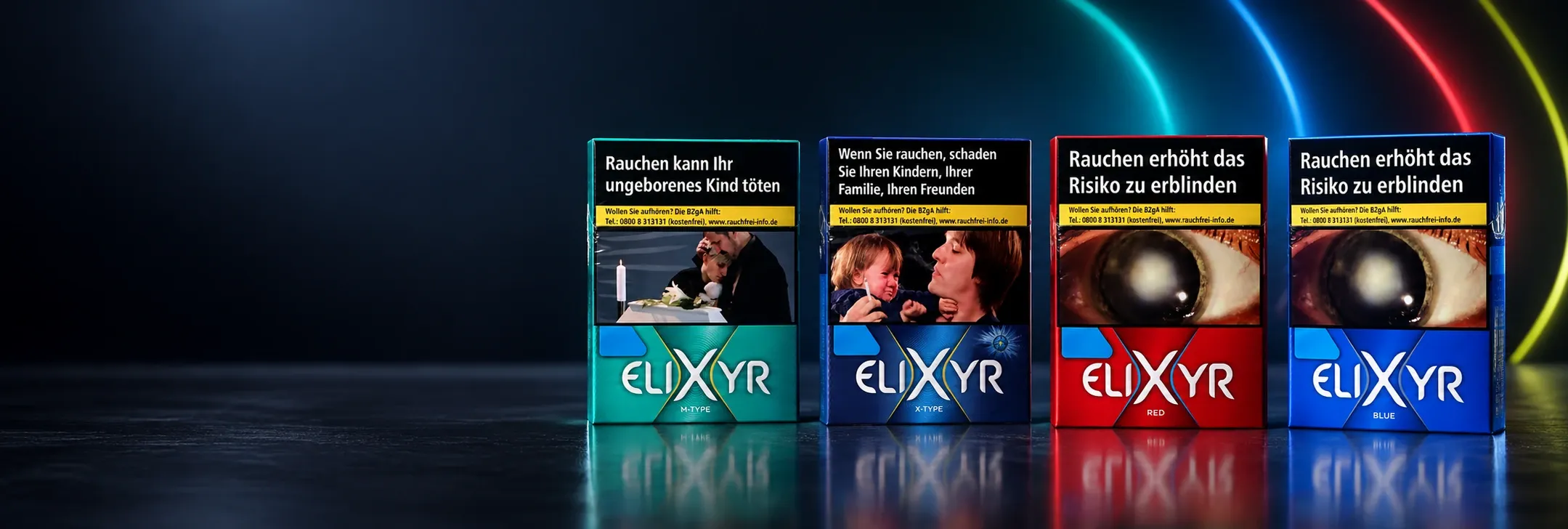 Elixyr Zigaretten in den Sorten M-Type, X-Type, Red und Blue