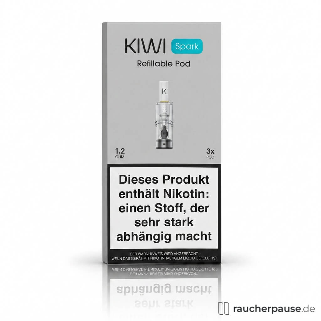 Kiwi Spark Pod 1,2 Ohm 2 ml, 3 Stück in grauer, rechtwinkliger Box mit blau-schwarzem Logo und transparentem Vorschaubild des refillable Pods mit schwarzen und goldenen Deckel.