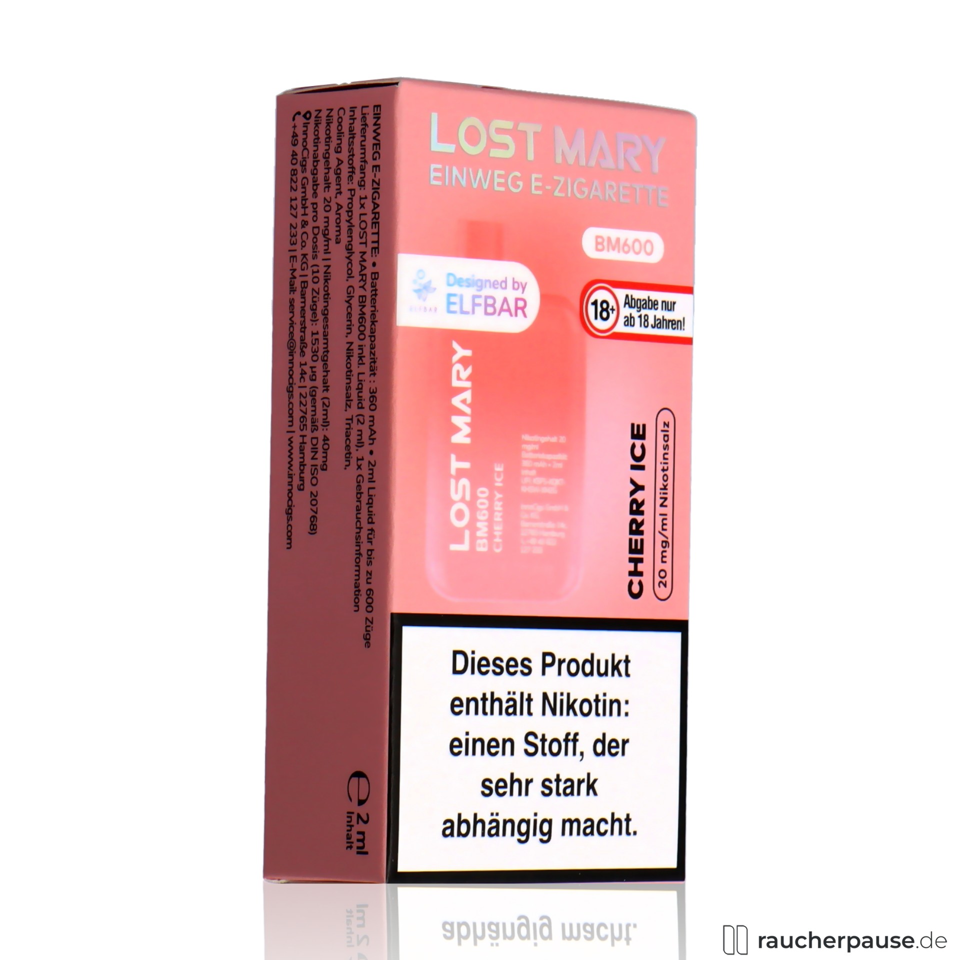 lost mary, lost mary einweg e zigarette cherry ice ml nikotin zuege, packshot seitlich