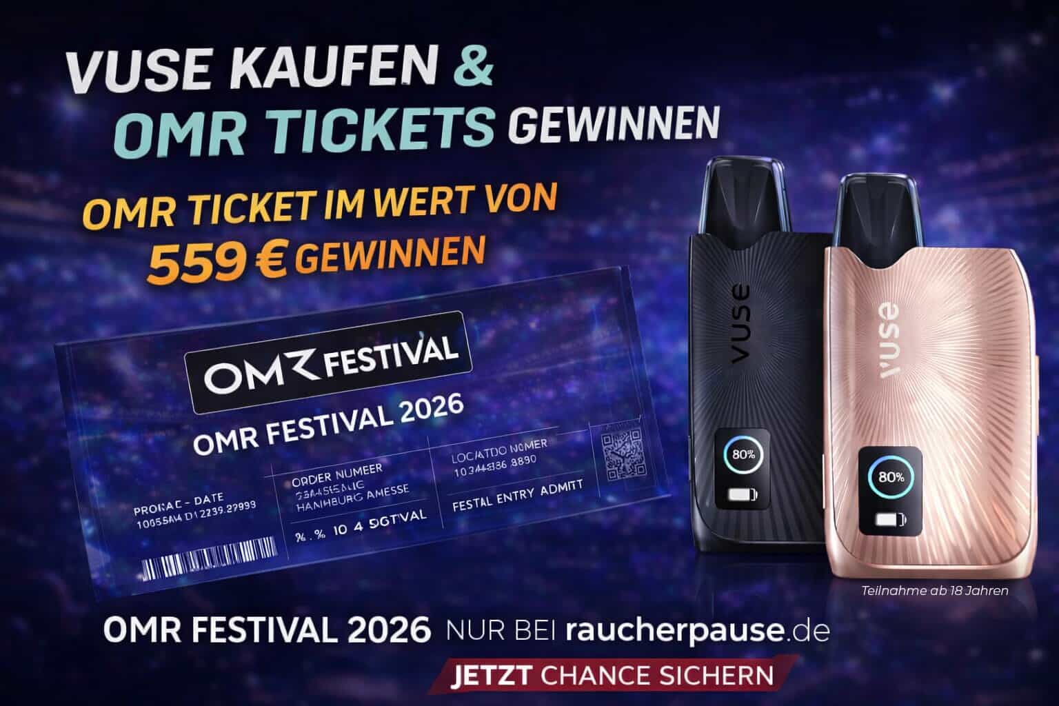 Vuse Ultra E-Zigarette kaufen und OMR Festival 2026 Ticket im Wert von 559 € gewinnen – Gewinnspiel raucherpause.de
