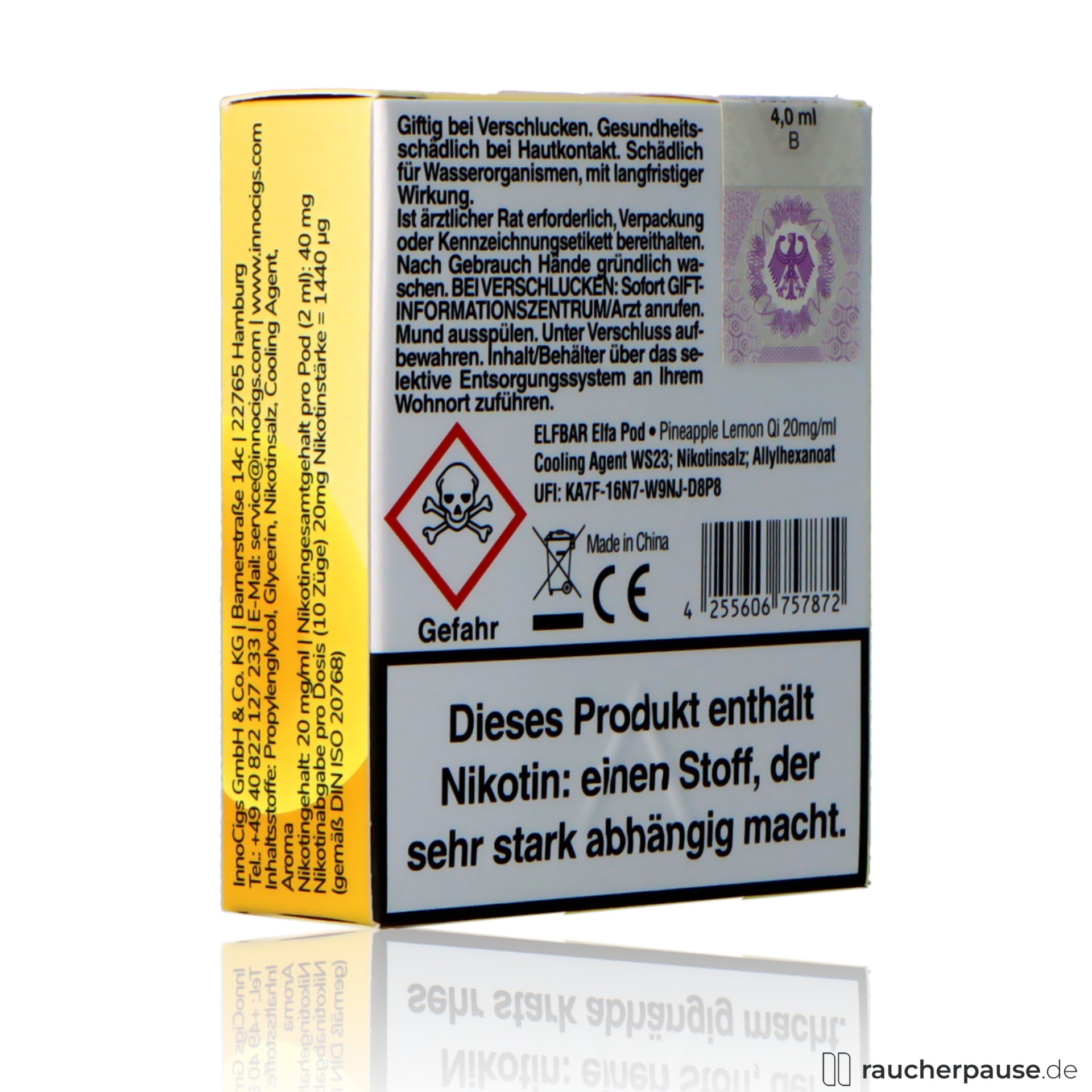 Elf Bar Elfa Prefilled Pods Pineapple Lemon Qi 20mg/ml Nikotin 2x2ml in weiß-gelber quadratischer Box mit stilisiertem pastellfarbenem Logo.