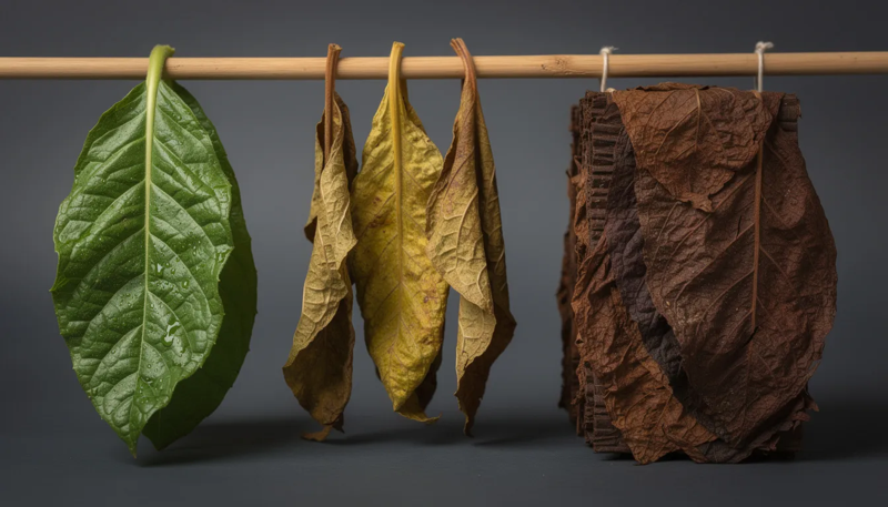 Grüne, gelbe und braune Tabak Blätter die zum trocknen aufgehangen sind