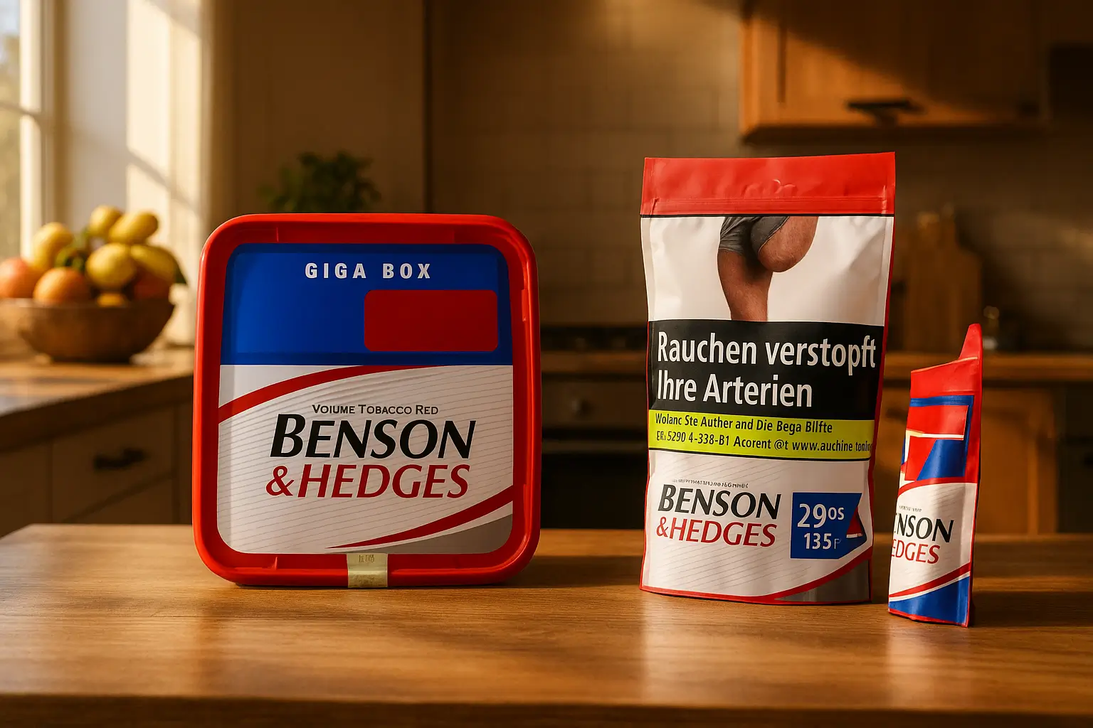 Benson & Hedges Volumentabak Rot Giga Box und Verpackung mit Warnhinweis, präsentiert auf einer Holzoberfläche in einer hellen Küche.