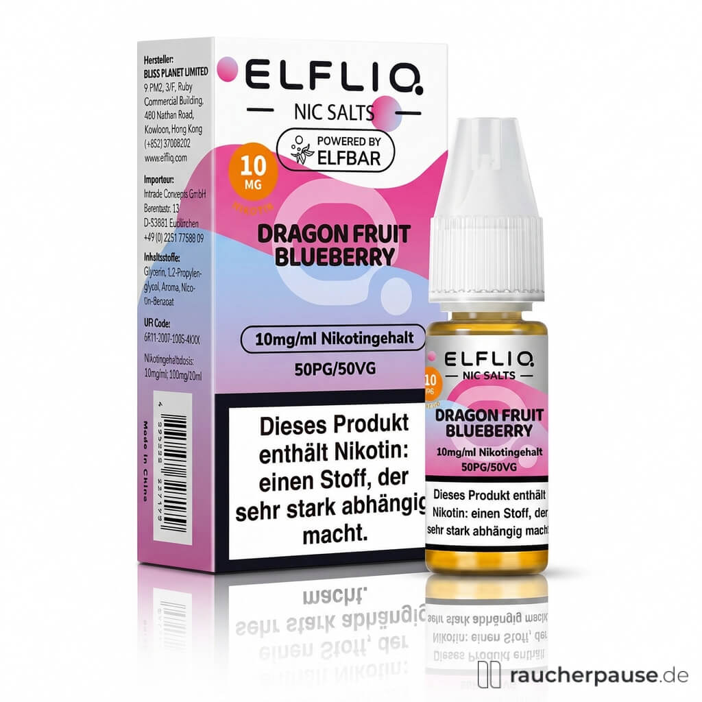 Elfliq by Elfbar Dragon Fruit Blueberry Nikotinsalz Liquid in ovaler, pink-blauer Dose mit ELF LIQ.-Logo und weißem Verschluss, 10 ml, 10 mg/ml.