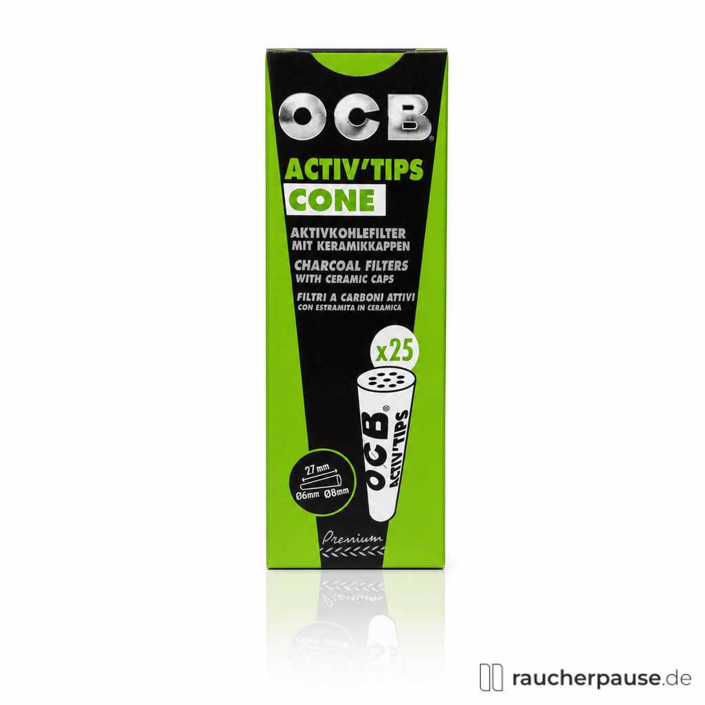 OCB Activ Tips Cone Aktivkohlefilter, 25 Stück, in schwarzer-grüner Box mit stilisiertem Zylinder und silbernem Logo auf dunklem Hintergrund.
