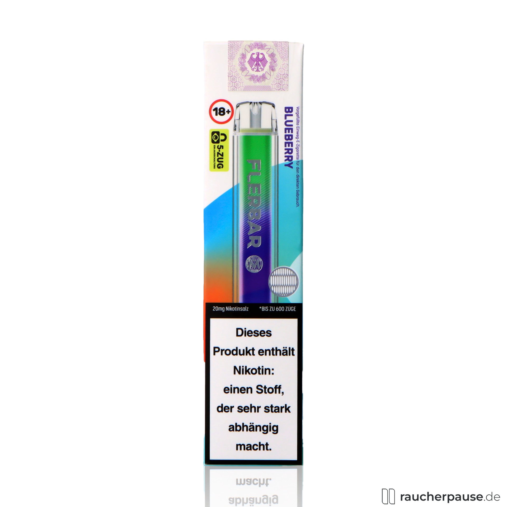 Flerbar Einweg Vape | Blueberry | 600 Züge | 20 mg/ml Nikotin | Blaubeere flerbar, flerbar einweg vape blueberry zuege ml nikotin blaubeere, packshot seitlich