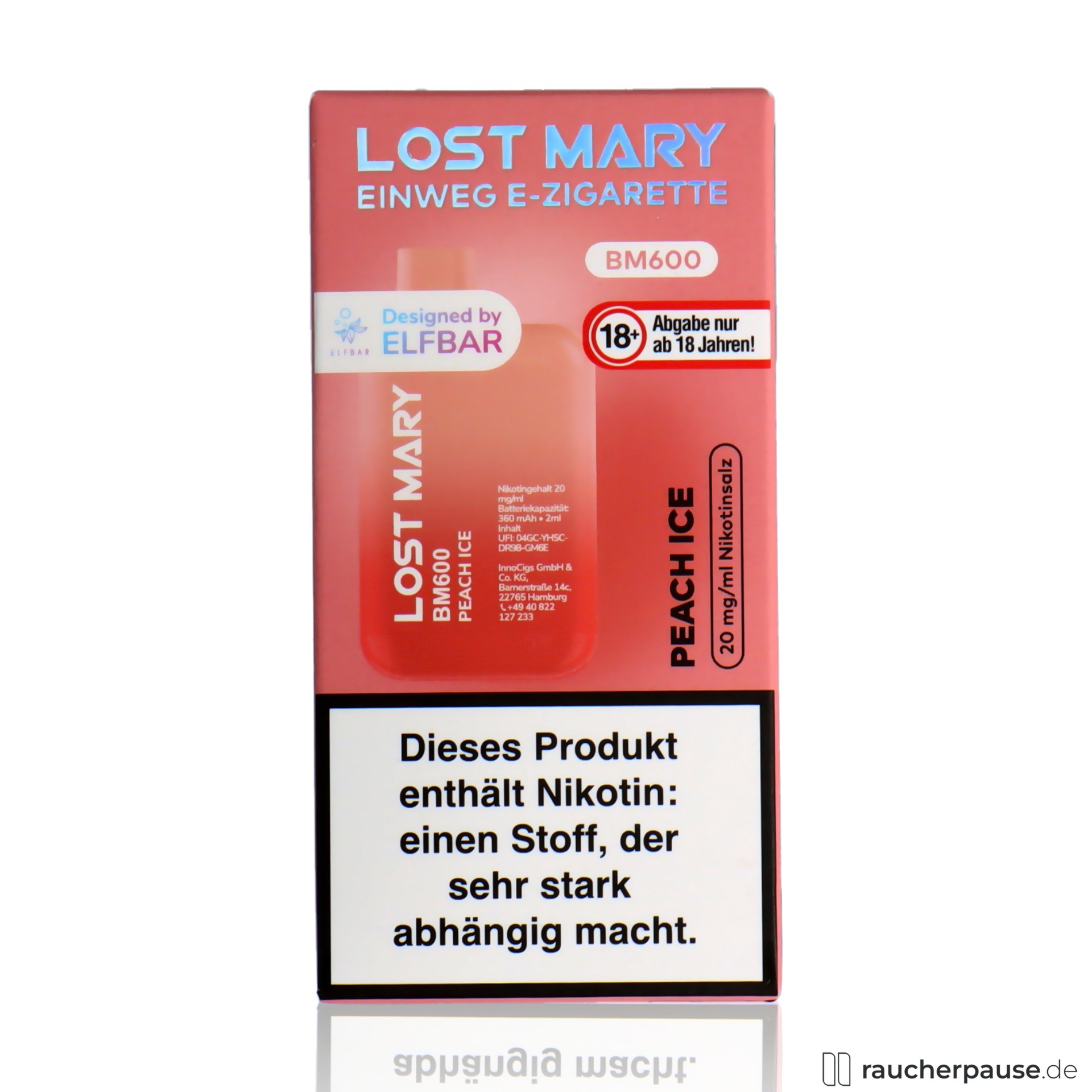 Lost Mary BM600 Einweg E-Zigarette | Juicy Peach | 20 mg/ml Nikotin | 600 Züge lost mary, lost mary einweg e zigarette juicy peach ml nikotin zuege, packshot vorderseite