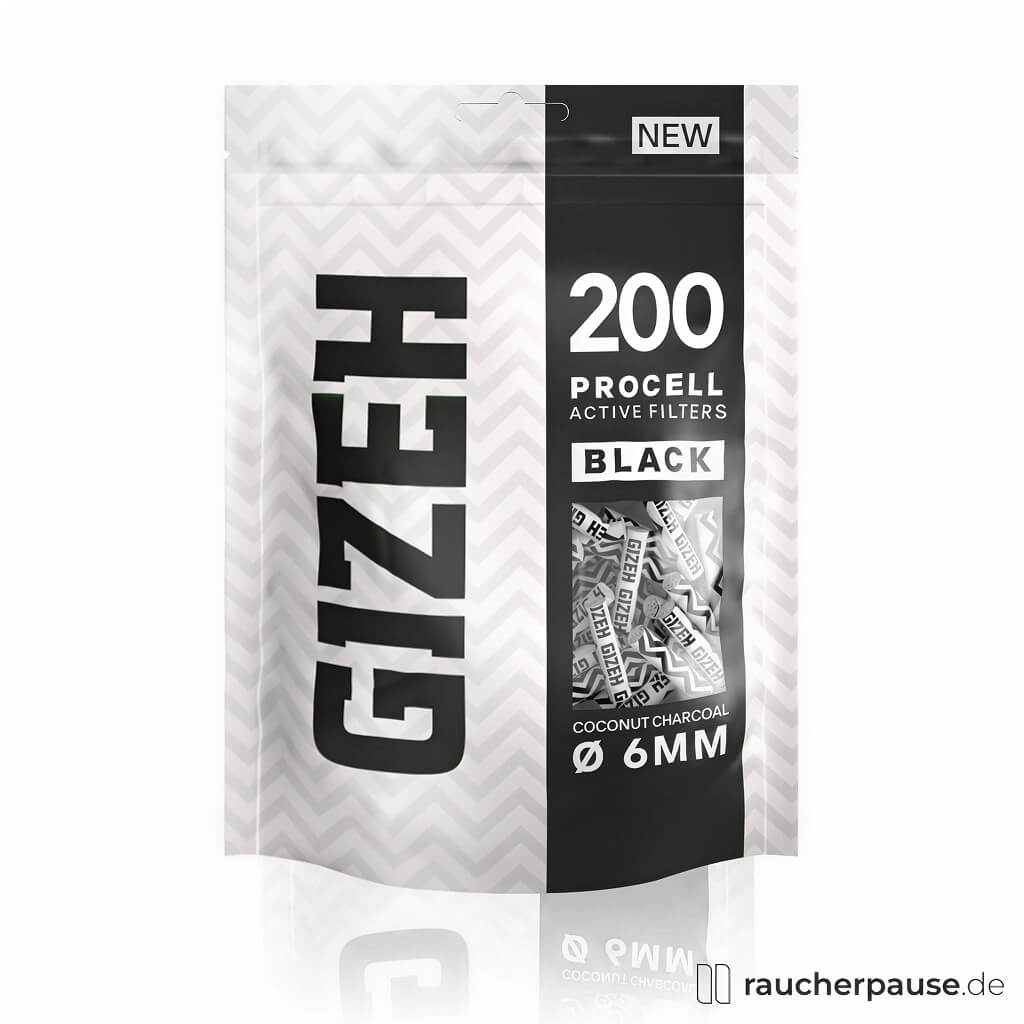 Gizeh ProCell Active Filter Black 6 mm in transparenter Beutelverpackung mit stilisiertem Logo und schwarzen Streifen, enthaltend 200 Stück.