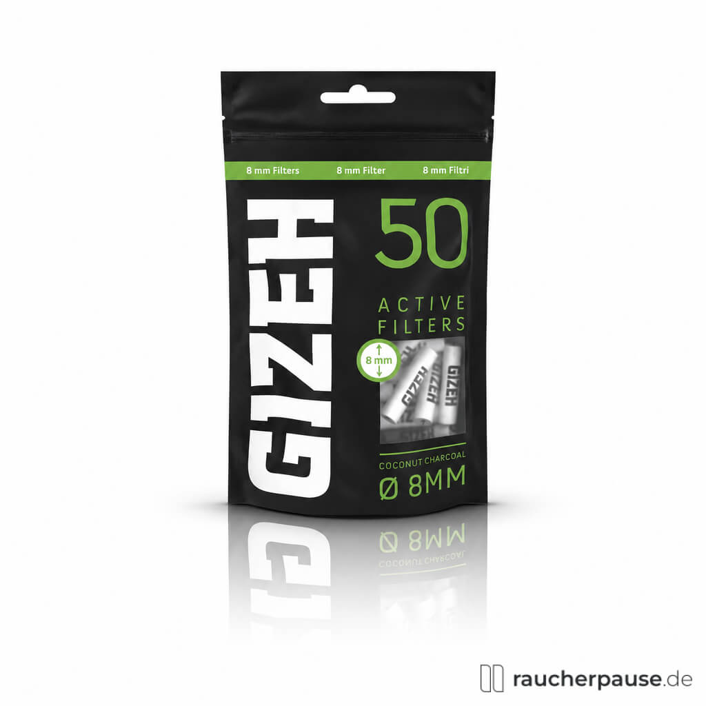 Gizeh Active Filter 8 mm, 50 Stück, in moderner schwarz-grüner Verpackung mit transparentem Fenster und weißem Logo.