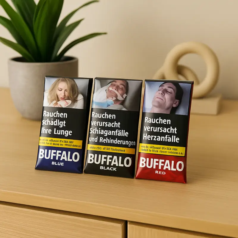 Buffalo Tabak 3 Sorten: Blue, Black, Red auf einer Holzkommode