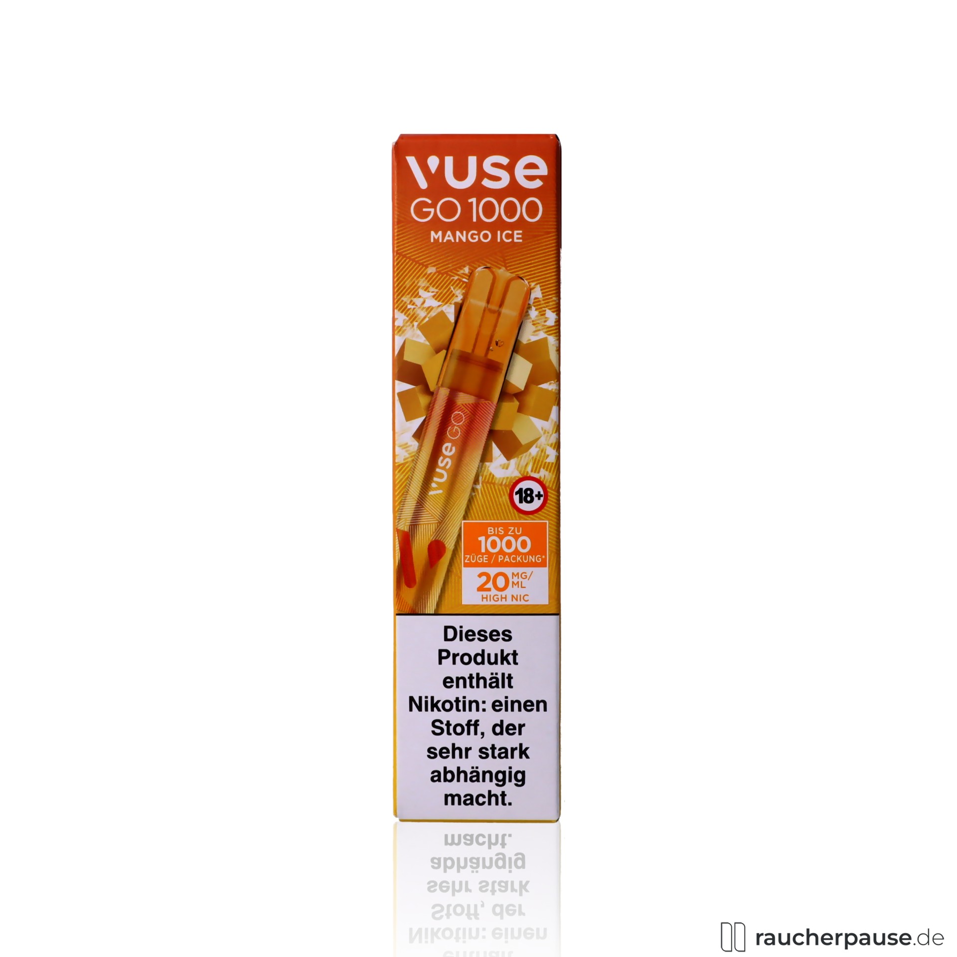 Vuse GO 1000 E-Shisha | Mango Ice | 20 mg/ml Nikotin | Einweg | 1000 Züge vuse, vuse go mango ice einweg e zigarette nikotin zuege tropisches dampferlebnis , packshot hinterseite