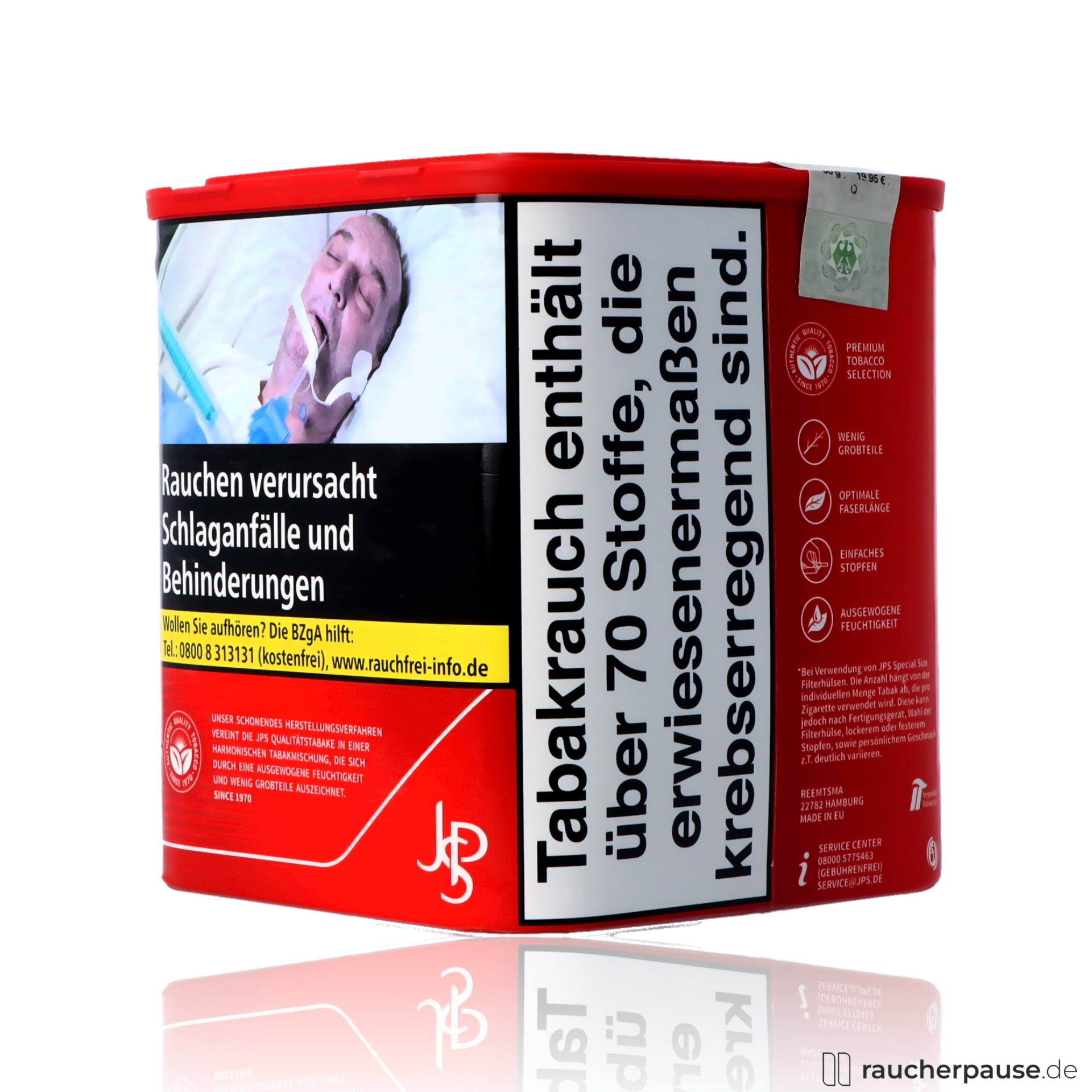 jps red xl volumentabak 65g dose american blend ohne zusaetze , packshot hinterseite