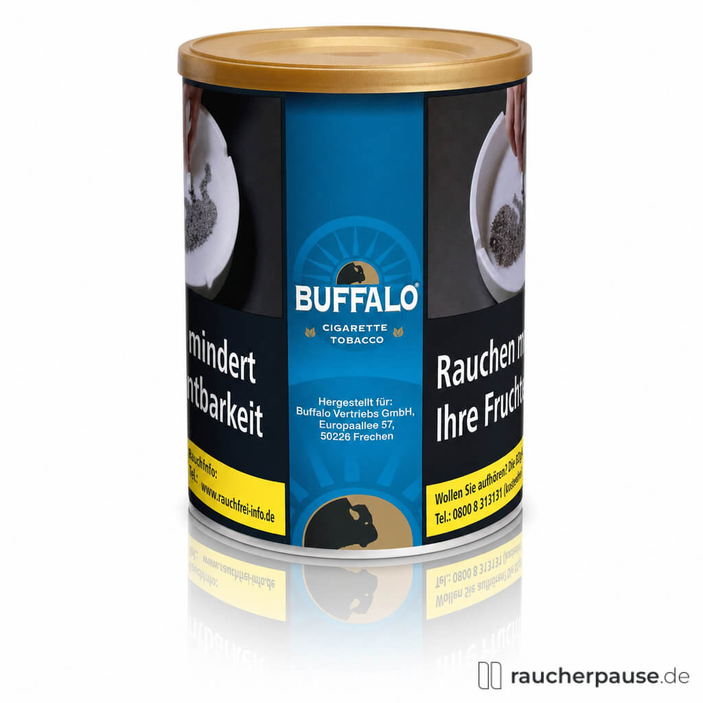 Buffalo Tabak Blau in stilvoller, blau-goldener 140g Dose mit rundem Design, stilisiertem Büffel-Logo und goldener Deckel.