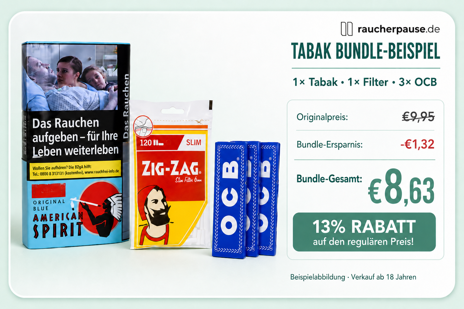 Tabak Bundle-Beispiel mit American Spirit Tabak, Zig-Zag Slim Filtern und drei OCB Packungen sowie Preisübersicht