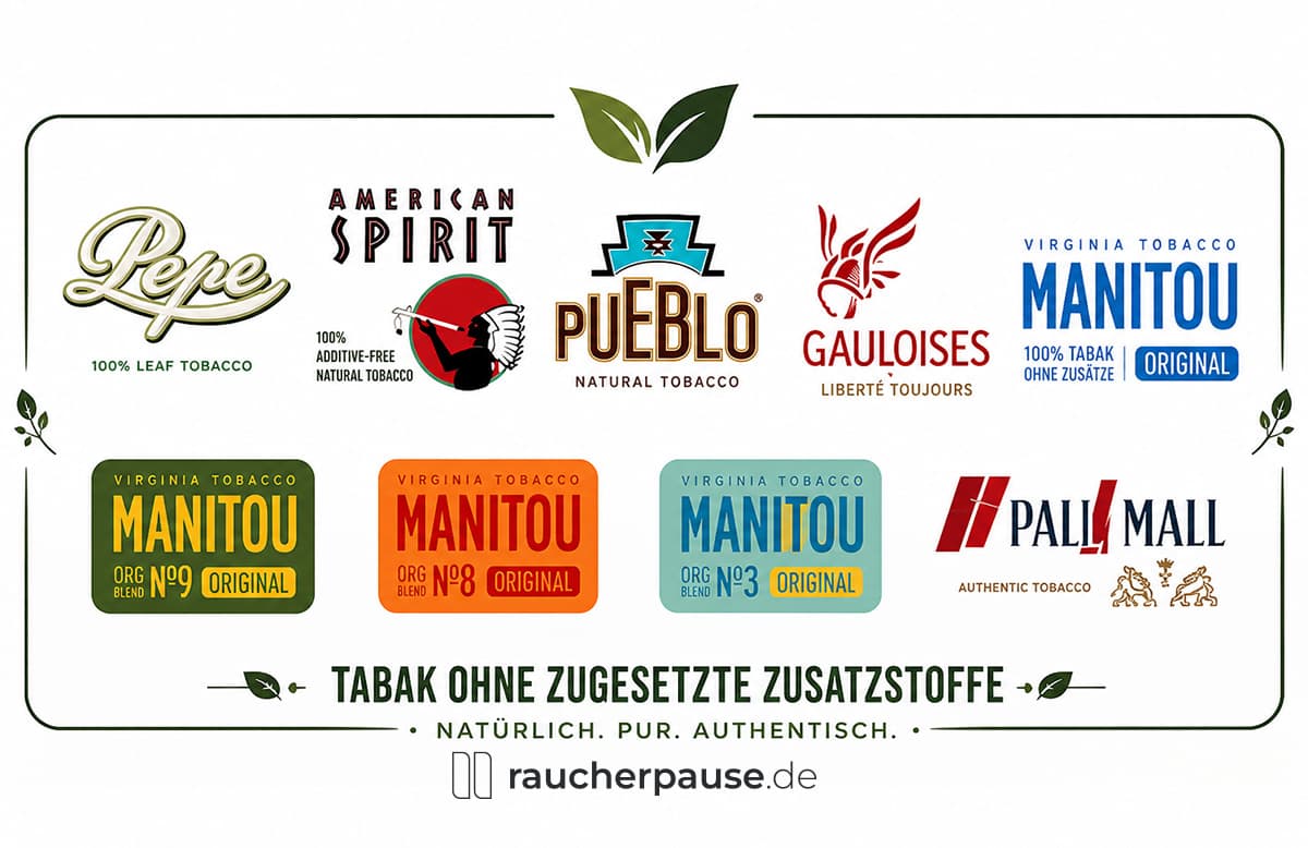 Logos bekannter Zigarettenmarken ohne Zusatzstoffe wie Pepe, Pueblo, American Spirit, Gauloises, Manitou und Pall Mall