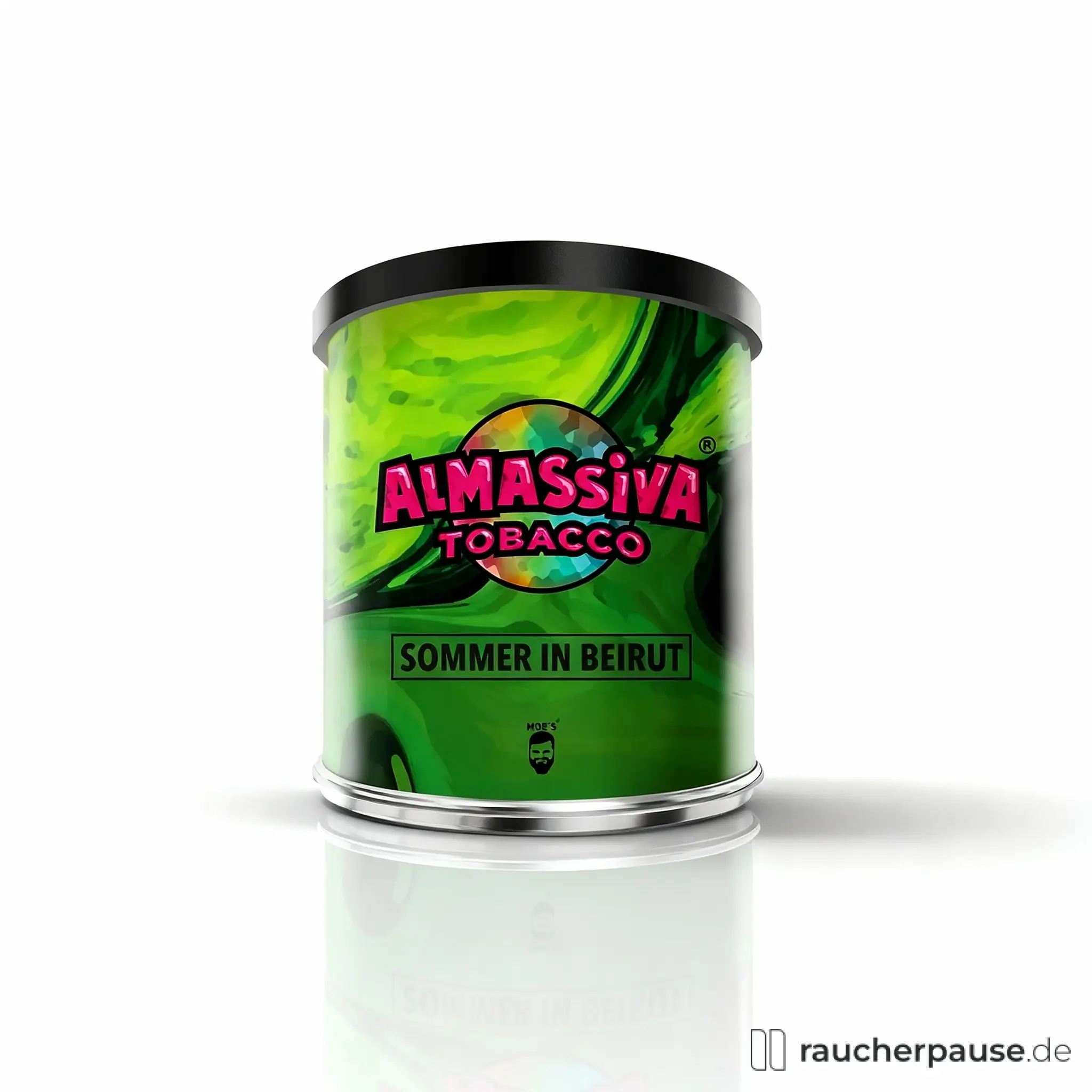 Al Massiva Sommer in Beirut Shisha Tabak 200g in grüner Dose mit buntem Muster und pink-schwarzem Logo auf glänzendem Untergrund.