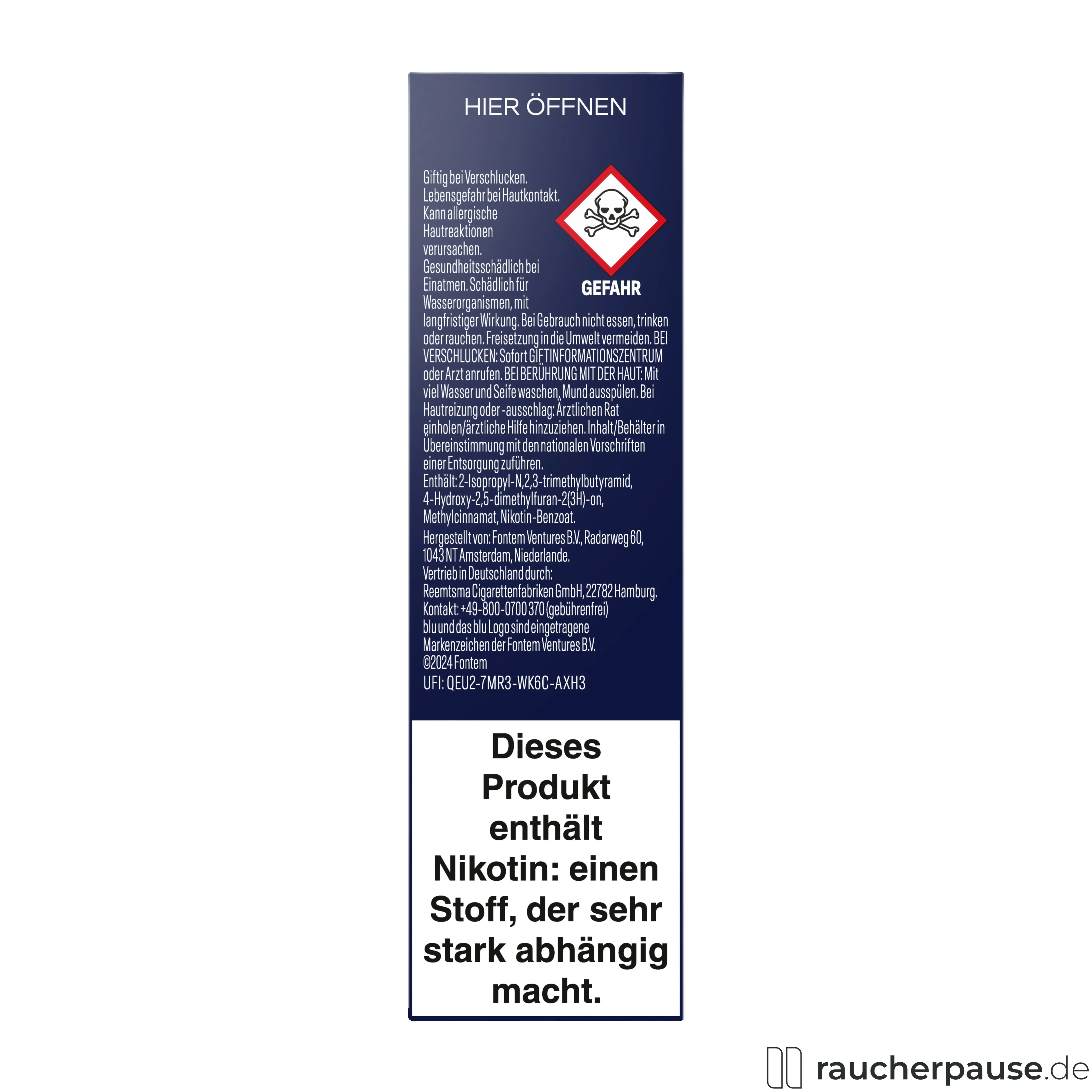 Blu Pod Strawberry Ice 18mg/ml Nikotin in blauer Dose mit weiß-gelbem Logo auf dunkelblauem Hintergrund, kompatibel mit Blu Bar Kit E-Zigarette.