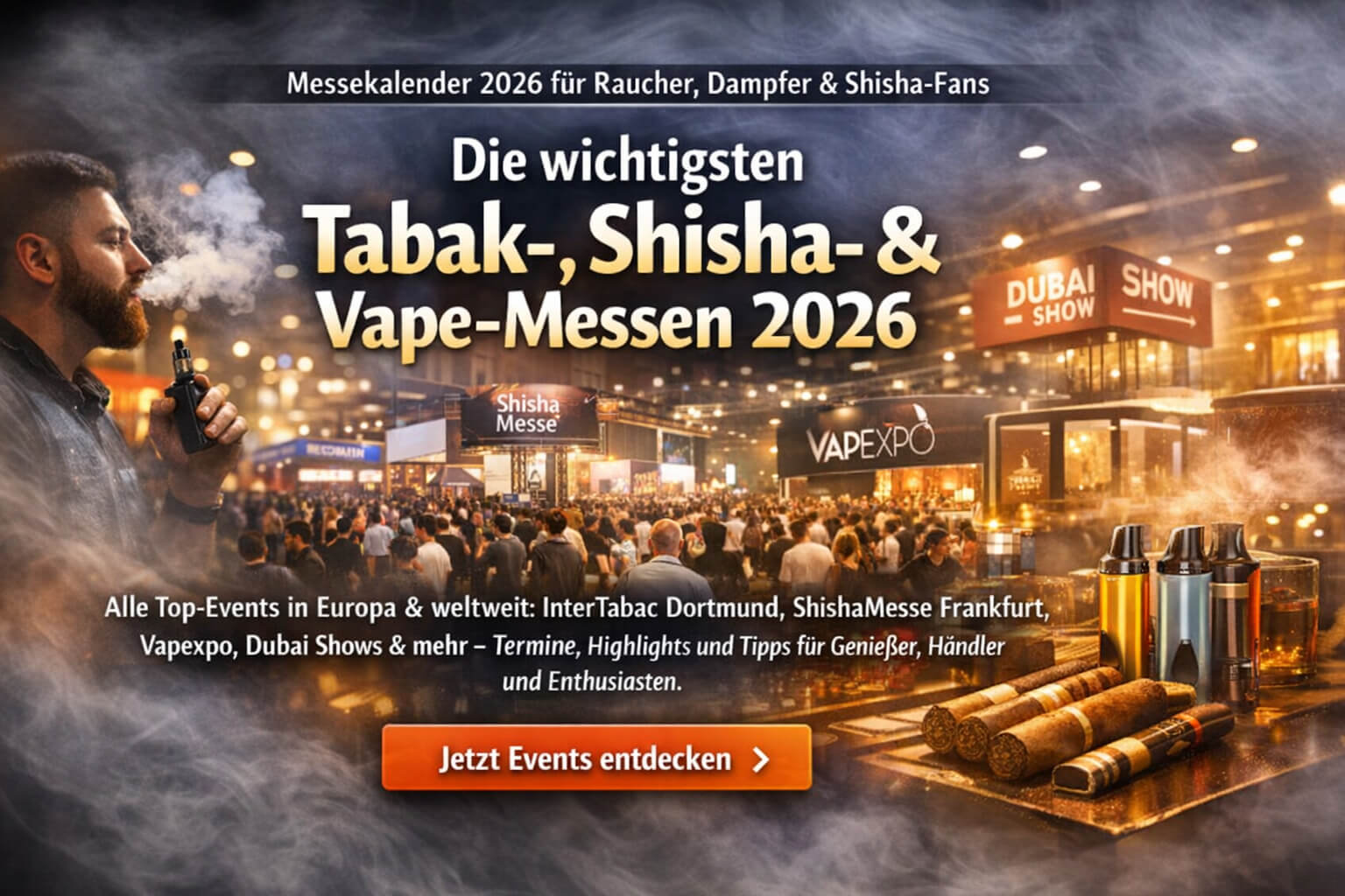 Messehalle mit Besuchern, Vape- und Shisha-Ständen sowie Dampf-Atmosphäre. Hero-Banner zum Messekalender 2026 für Tabak-, Shisha- und Vape-Messen in Europa und weltweit.
