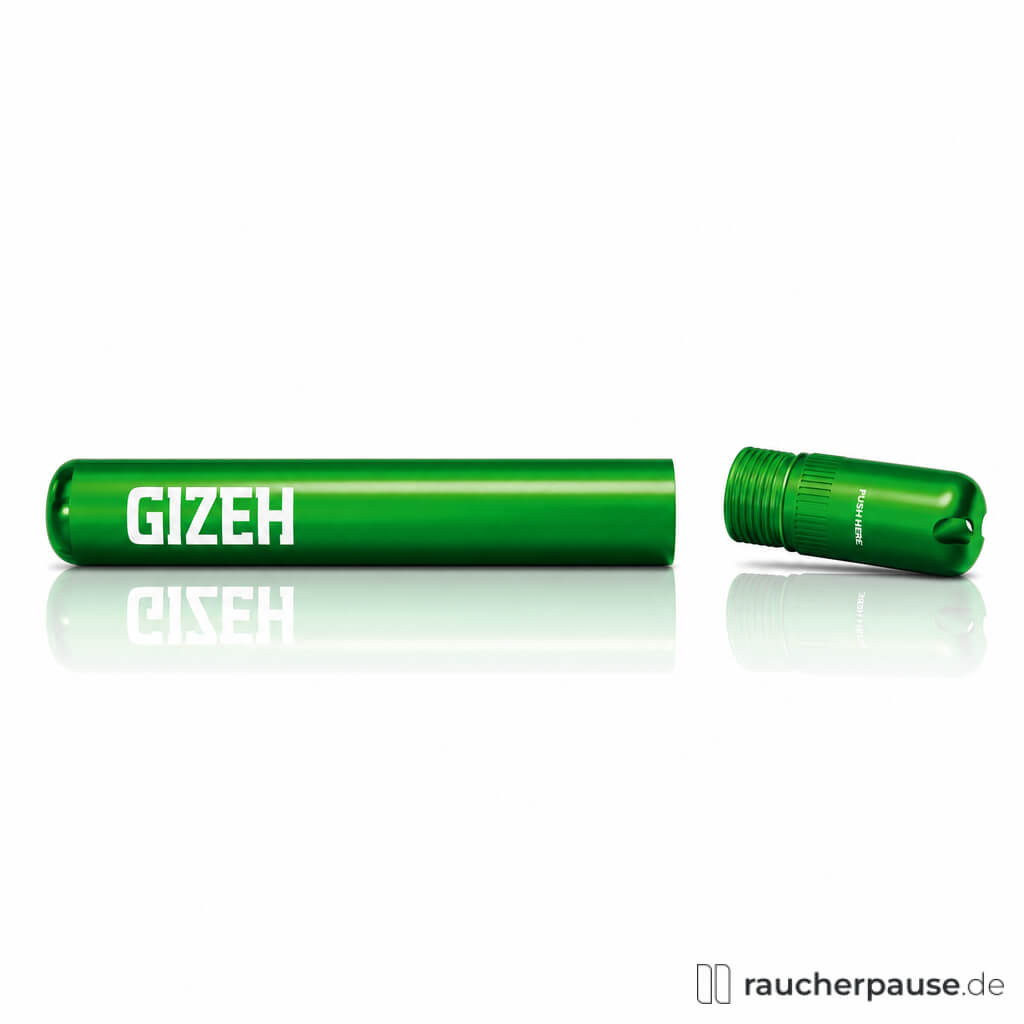 Here is a SEO-optimized alt tag for the product image: "Gizeh JaySafe Aufbewahrungsbehälter, grüne Dose mit GIZEH-Logo, geschlossen und geöffneter Deckel auf glatter Oberfläche, modernes Design