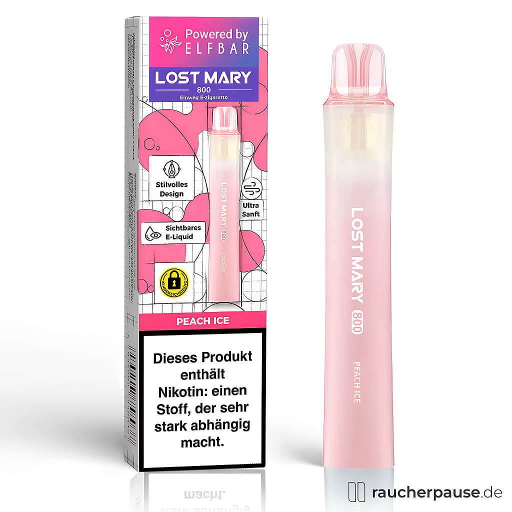 Lost Mary 800 Einweg E-Zigarette von Elfbar in pink-weißer Verpackung mit stilvollem Design, Peach Ice Geschmack und 20 mg/ml Nikotin.