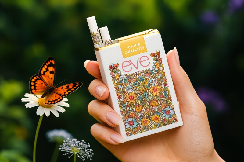Offene Eve Zigaretten Packung in einer manikürten Frauenhand, mit Bumen im Hintergrund und einem Schmetterling