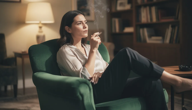 Dunkelhaarige Frau die in einem grünen Sessel sitzt und Benson u. Hedges Zigaretten raucht