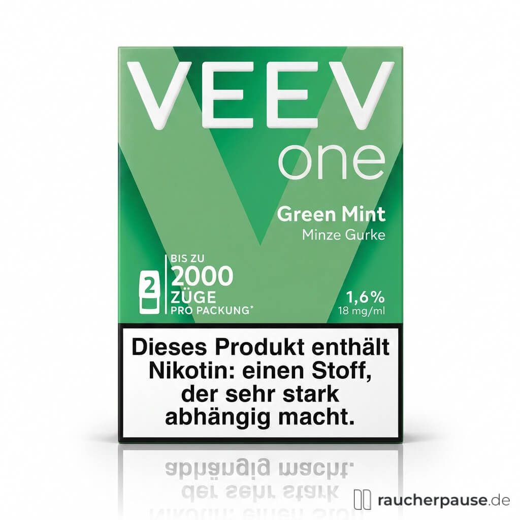 Veev One Green Mint Pods in moderner, rechteckiger Dose mit großem 'V'-Logo und grünen Farbtönen.