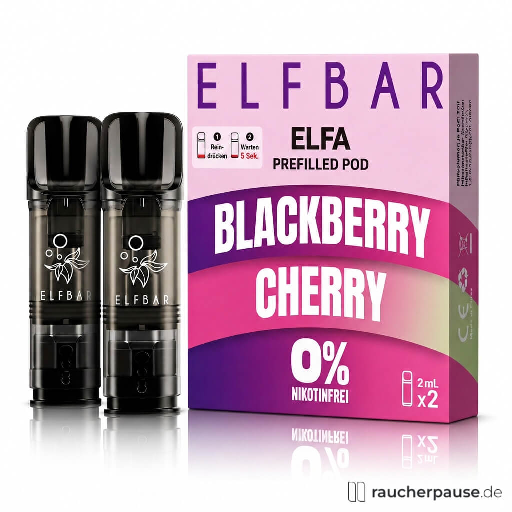 Packung mit zwei schlanken, schwarzen E-Zigaretten-Pods von Elf Bar in pink-lila Verpackung mit weißem Logo, gefüllt mit 2x2 ml Blackberry Cherry-Liquid, nikotinfrei.