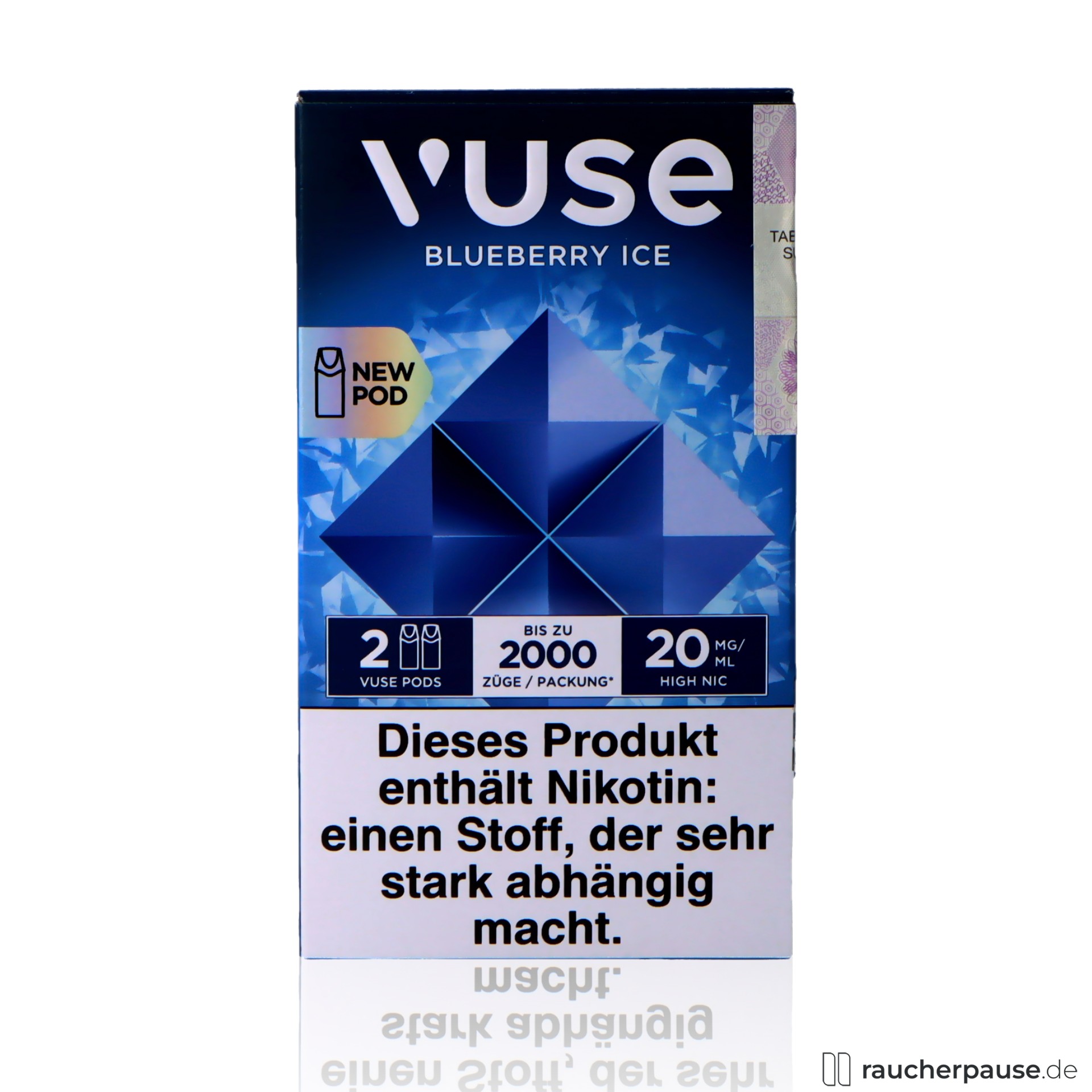Vuse Pods Blueberry Ice | 20 mg/ml Nikotin | 2 Pods | Blaubeere & Eis vuse, vuse pods blueberry ice ml nikotin pods blaubeere eis , packshot seitlich