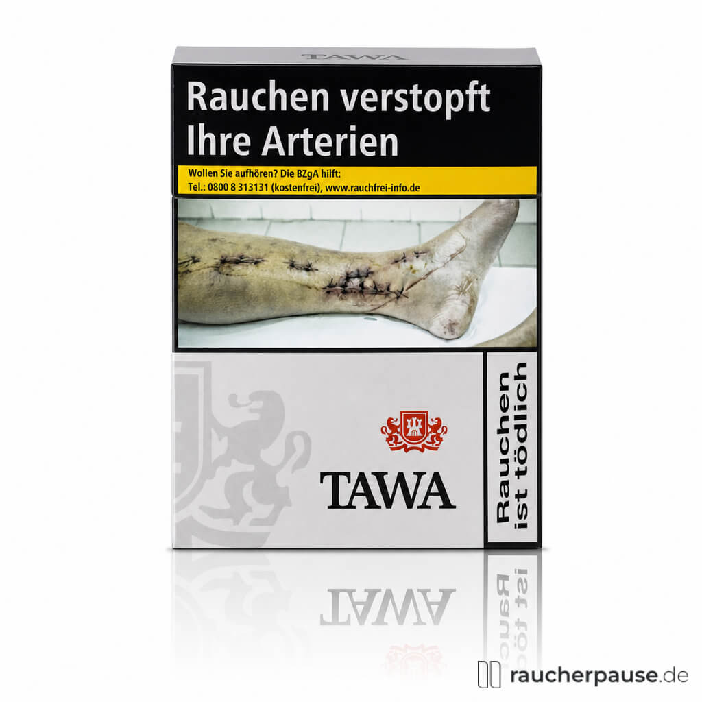 Tawa Silver XXXXL Zigarettenbox in schwarz-weiß mit rotem Logo, 35 Stück pro Packung.