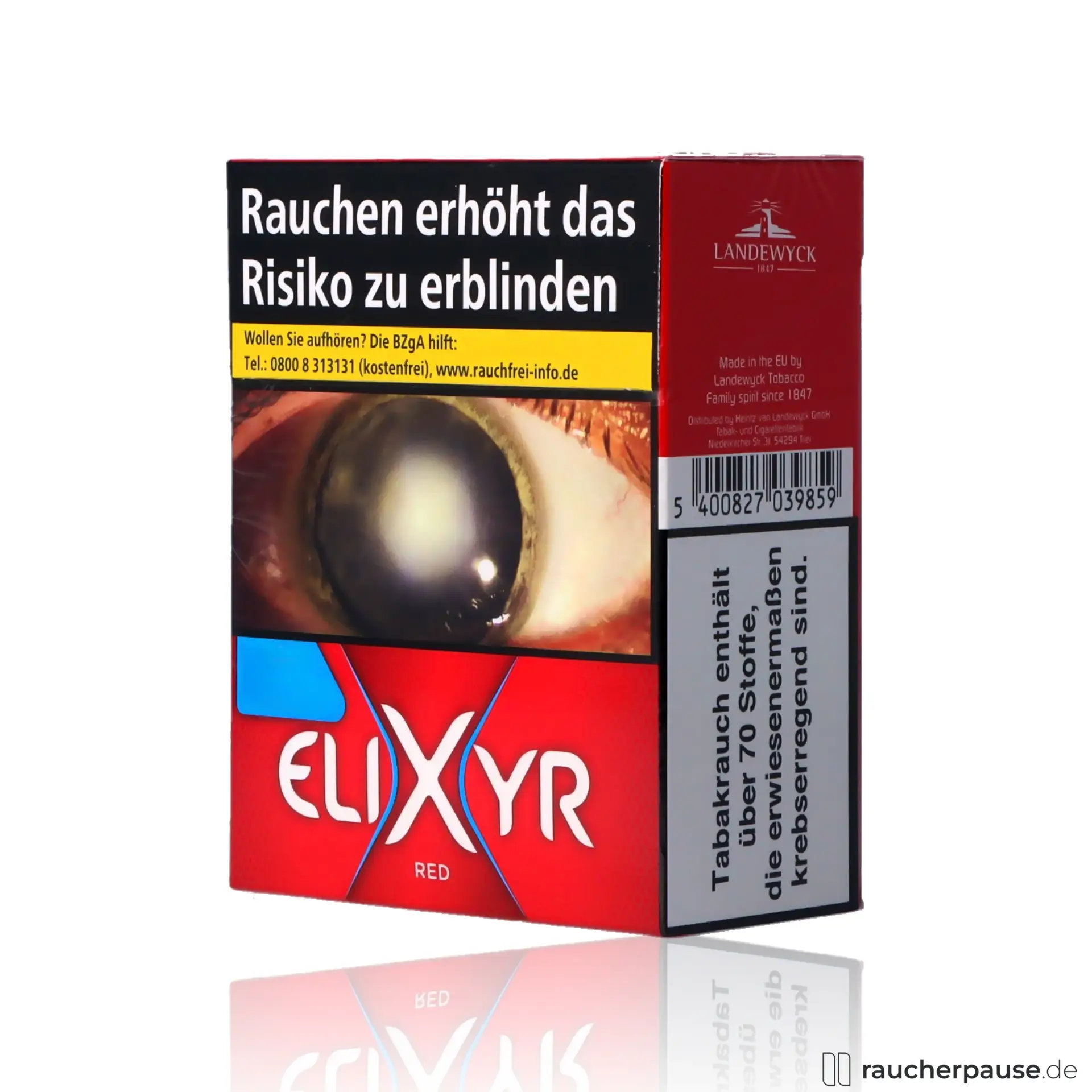 Elixyr Red Super Zigaretten, 39 Stk. pro Packung, in quadratischer roter Box mit blau-weißem Logo auf rotem Hintergrund.