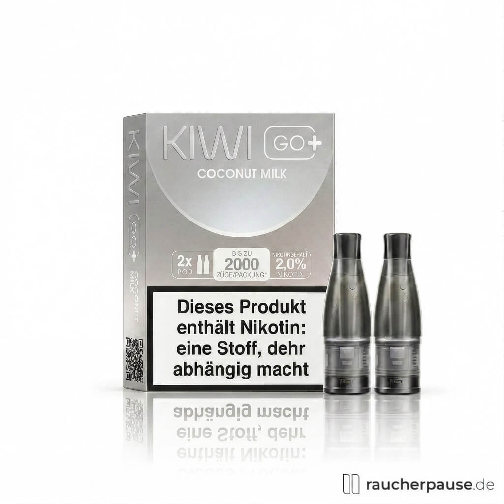 KIWI GO+ Coconut Milk Prefilled Pods in silberner Box mit weißem Logo und Text, 2 Stück, 20 mg/ml Nikotin, bis zu 2000 Puff pro Packung.