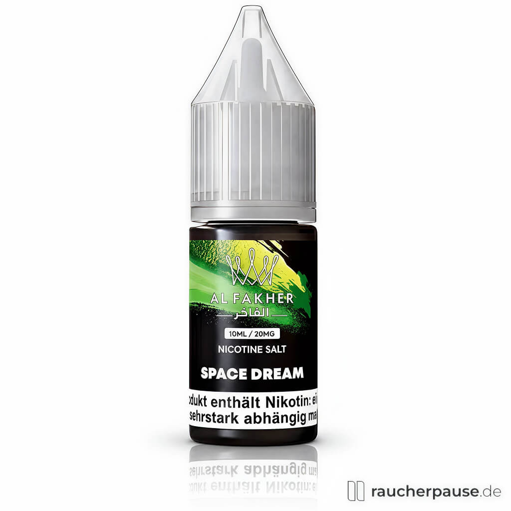 Al Fakher Space Dream Nikotinsalz Liquid 10 ml, 20 mg/ml in schwarzer Flasche mit gelben und grünen Akzenten und silbernem Logo.