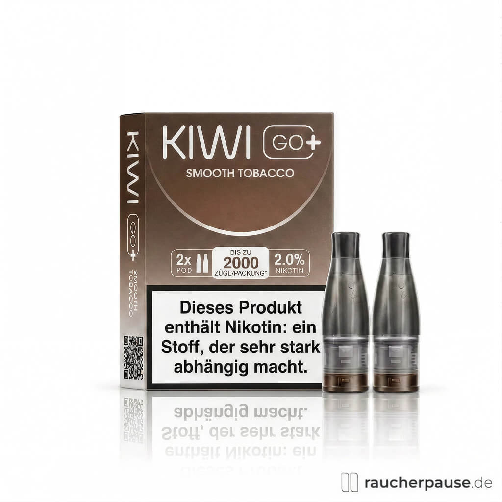 KIWI GO+ Smooth Tobacco Prefilled Pods in brauner Box mit Logo und zwei transparenten Flaschen auf weißem Hintergrund.