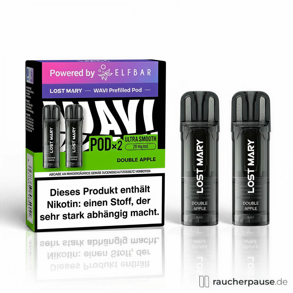 Dose der Marke ELF BAR in grün und schwarz mit rosa Logo, neben zwei schwarzen und transparenten LOST MARY Wavi Pods Double Apple, 20 mg/ml Nikotinsalz.