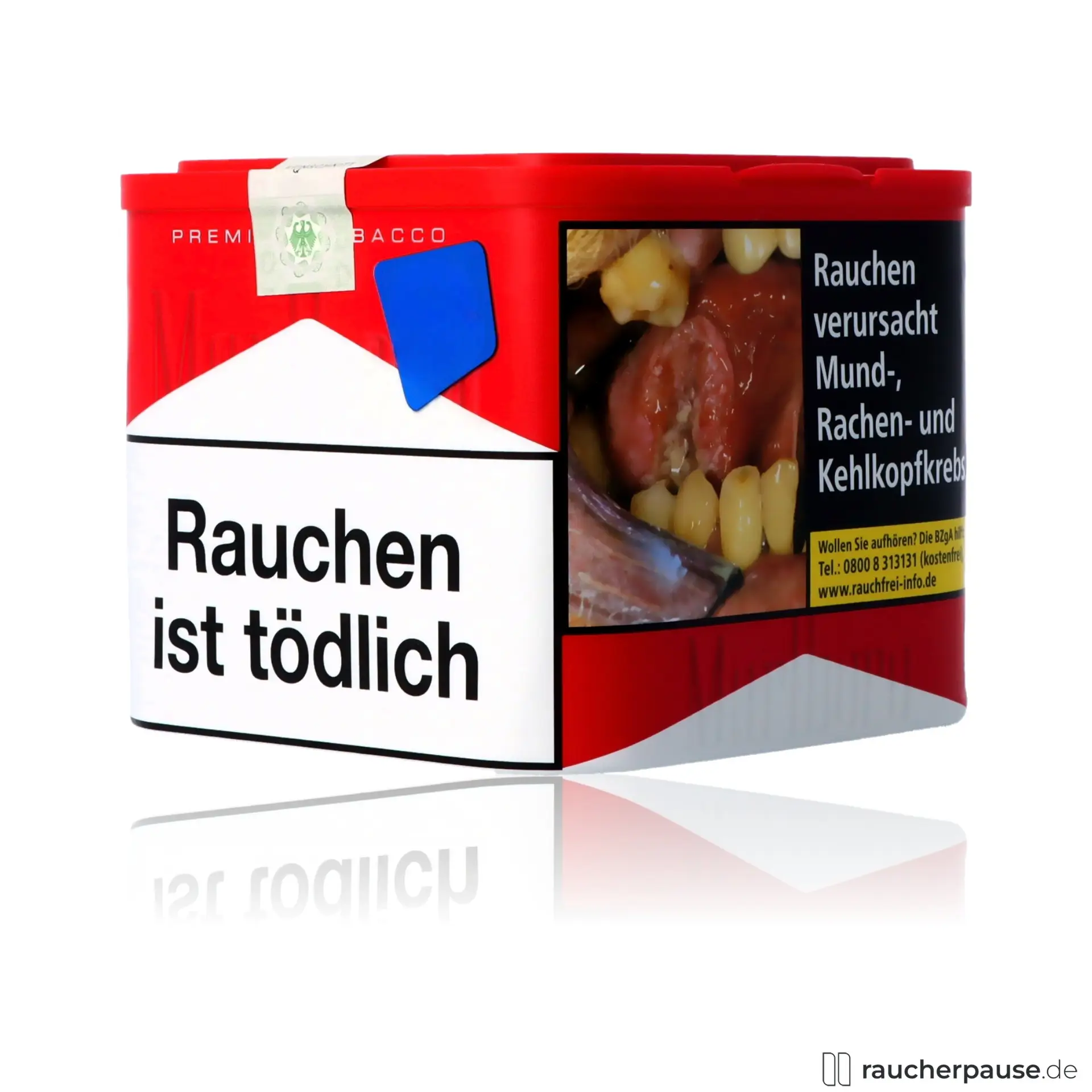 Marlboro Red Feinschnitt in roter Dose mit weißen und blauen Details und modernem Logo, 70g American Blend, würzig und stark.