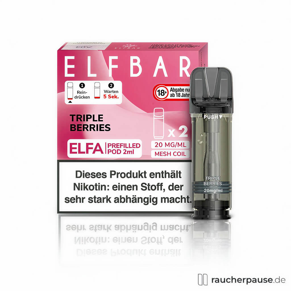 Elfbar ELFA Pods Triple Berries 2er Pack 20 mg/ml Nikotinsalz in pinker quadratischer Box mit großem weißen ELF BAR Logo.