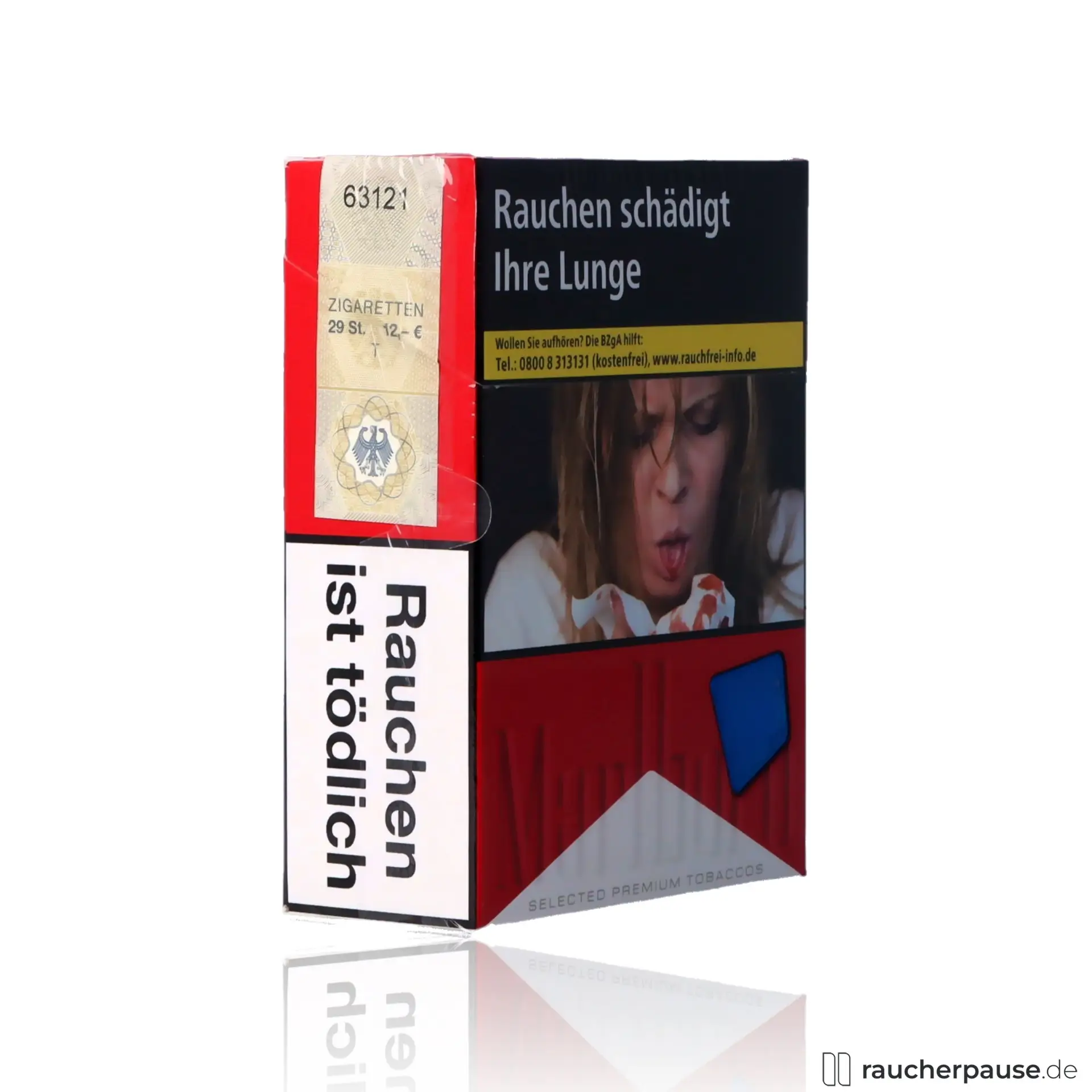 Marlboro Red 2XL Zigaretten in einer Packung mit 28 Stück, kräftig-würziger Geschmack, dargestellt in einer aufgerichteten Schachtel mit rotem Design.
