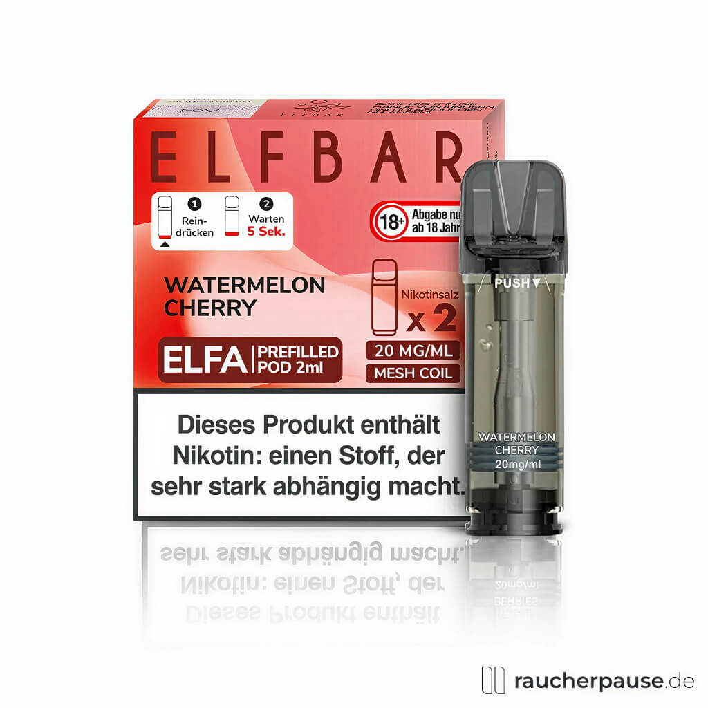Elf Bar Elfa Prefilled Pods Watermelon Cherry 20mg/ml Nikotin 2x2ml in roter quadratischer Box mit transparentem Fenster und großem ELF BAR Logo.