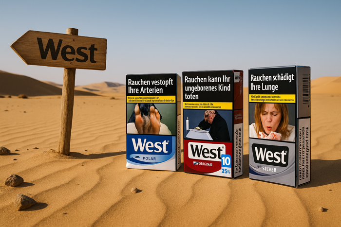 Drei West Zigarettenpackungen in der Wüste mit einem Schild welches "West" anzeigt