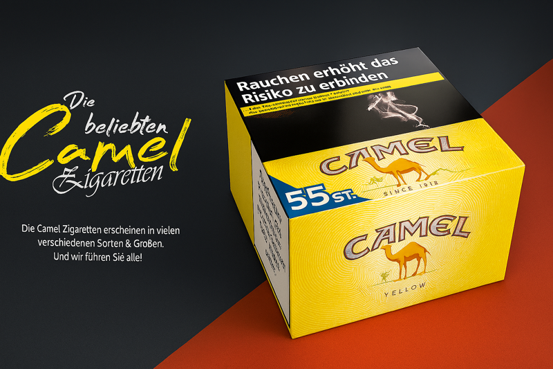 Große 55 Stk. Camel Zigaretten Packung mit Slogan "Die beliebten Camel Zigaretten"