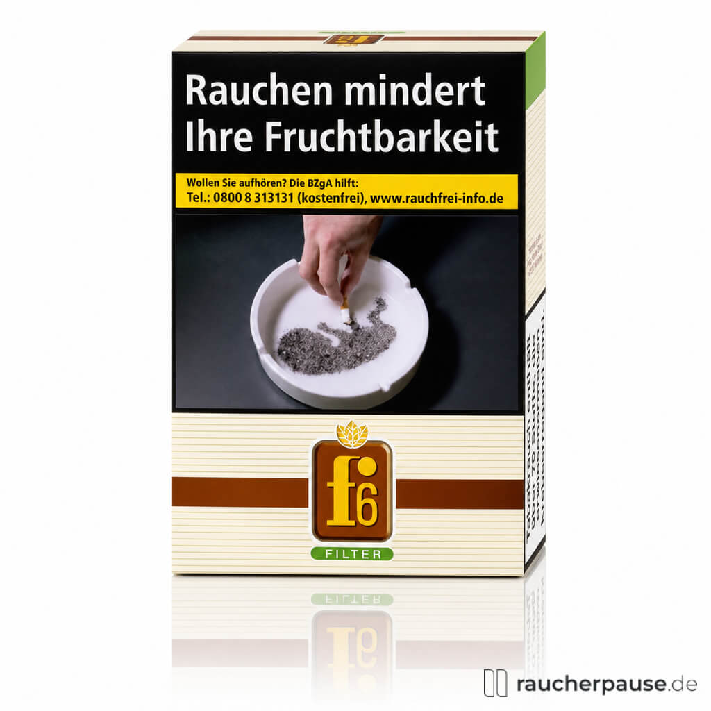 Packung mit quadratischem Format von f6 Original Zigaretten, 20 Stk. pro Packung, King Size, in braun-beiger Verpackung mit stilisiertem gelb-braunem 'fi'-Logo.