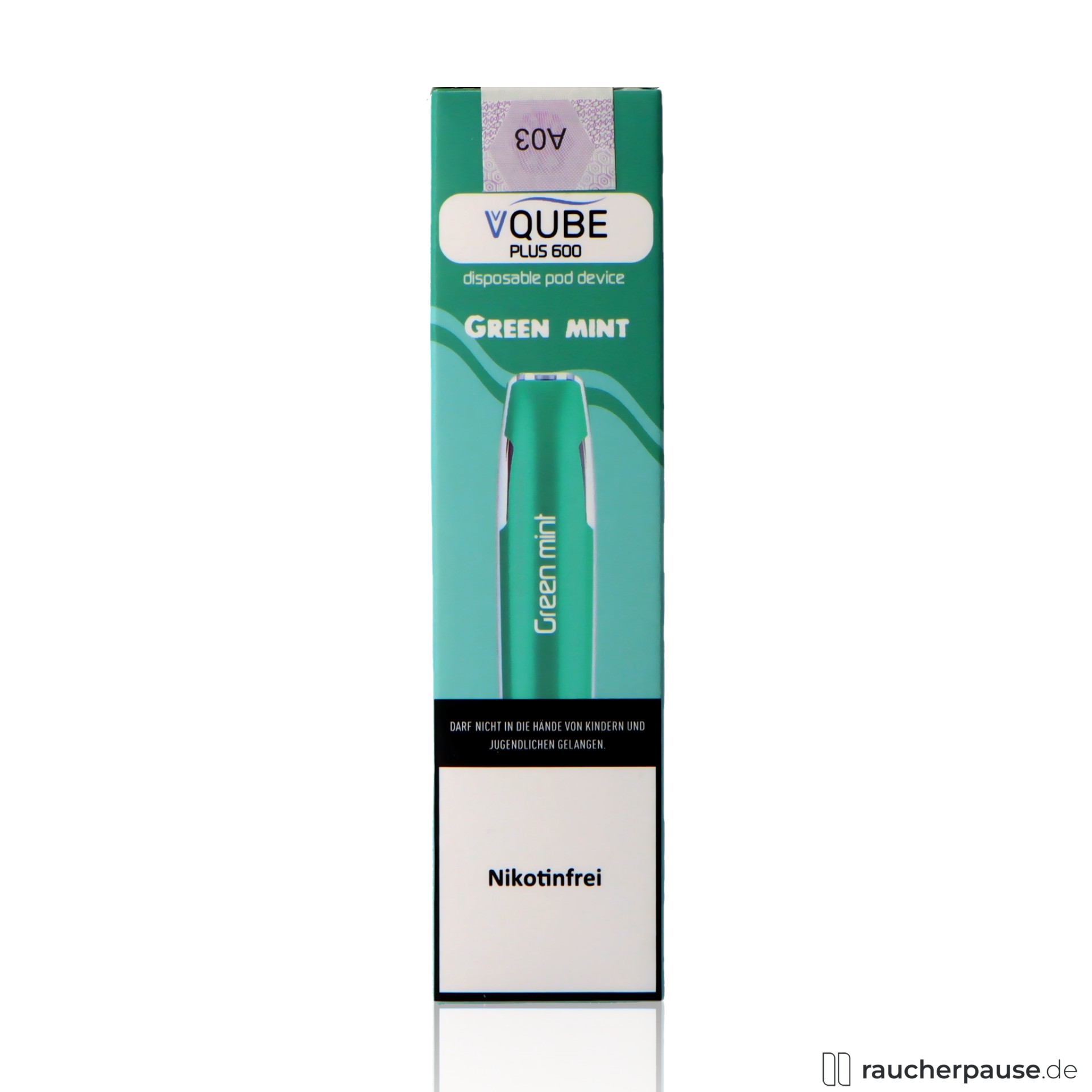 VQube E-Shisha | Green Mint | 0 mg Nikotin | Max. 600 Züge | 350 mAh | Minzgeschmack vqube, vqube e shisha green mint 0mg nikotin max zuege minzgeschmack , packshot hinterseite