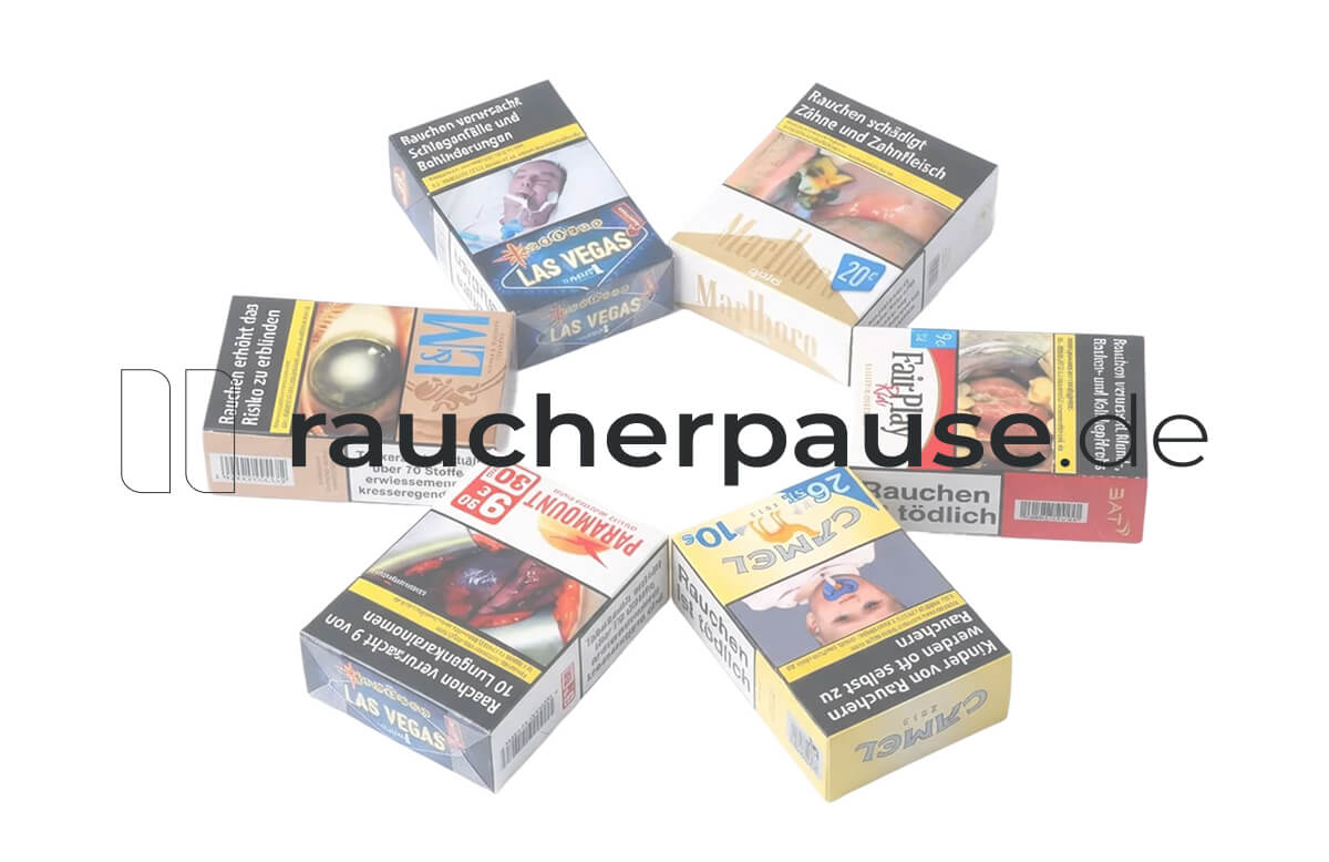 Verschiedenste Zigaretten-Packungen angeordnet auf einem weißen Hintergrund in einer Kreisform