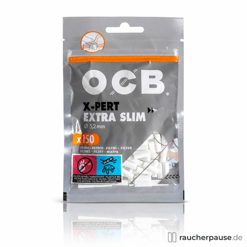 OCB X-Pert Extra Slim Filter, 150 Stück, in grauer transparenter Beutelverpackung mit orangenem Rand und weißem Logo auf dunklem Hintergrund.