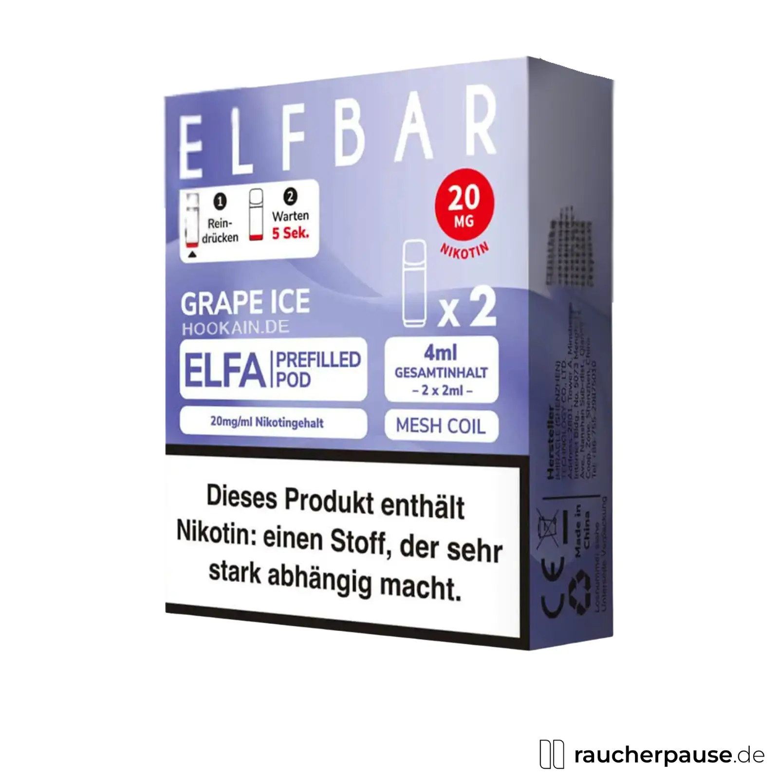 Elf Bar Elfa Prefilled Pods Pear mit 20 mg/ml Nikotinstärke und 2x2ml Füllvolumen in transparentem Kunststoffbehälter.